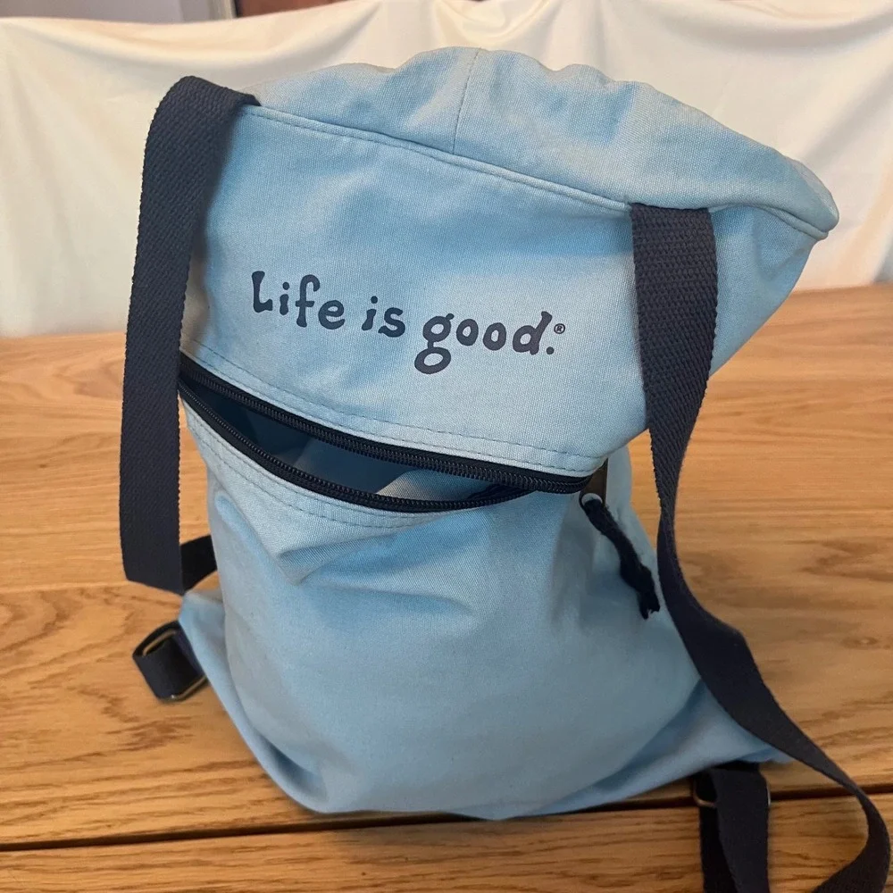 Life is Good Blue Canvas Snowflake Drawstring Backpack Cinch Bag with Zip Pocket